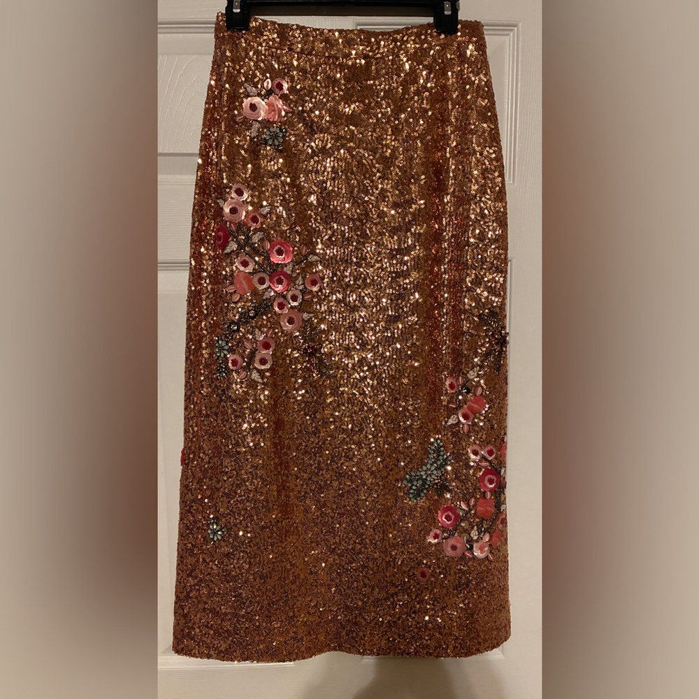 ERDEM Gold Sequin Pencil Skirt with Pink Floral Accents